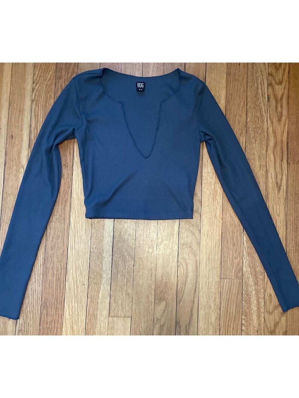 BDG Urban Outfitters Dark Gray Ribbed Notch V Neck Long Sleeve Crop Top Small